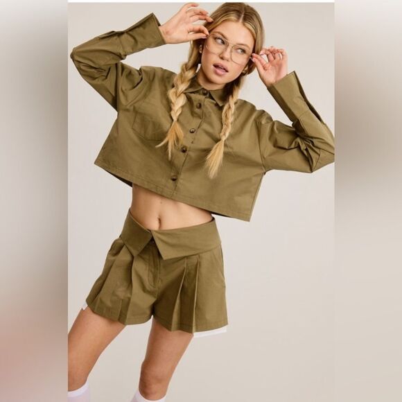 924. CHIC 2 PIECE SET BUTTON DOWN SHIRT WITH SKORT- OLIVE - Picture 4 of 5